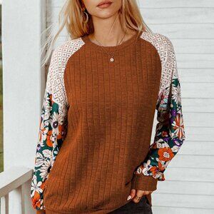 Floral Patchwork Long Sleeve Ribbed Blouse